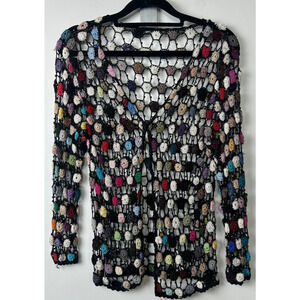 Vintage Beaded Crochet Knit Cardigan: Colorful Open Weave Boho S/M Button D37